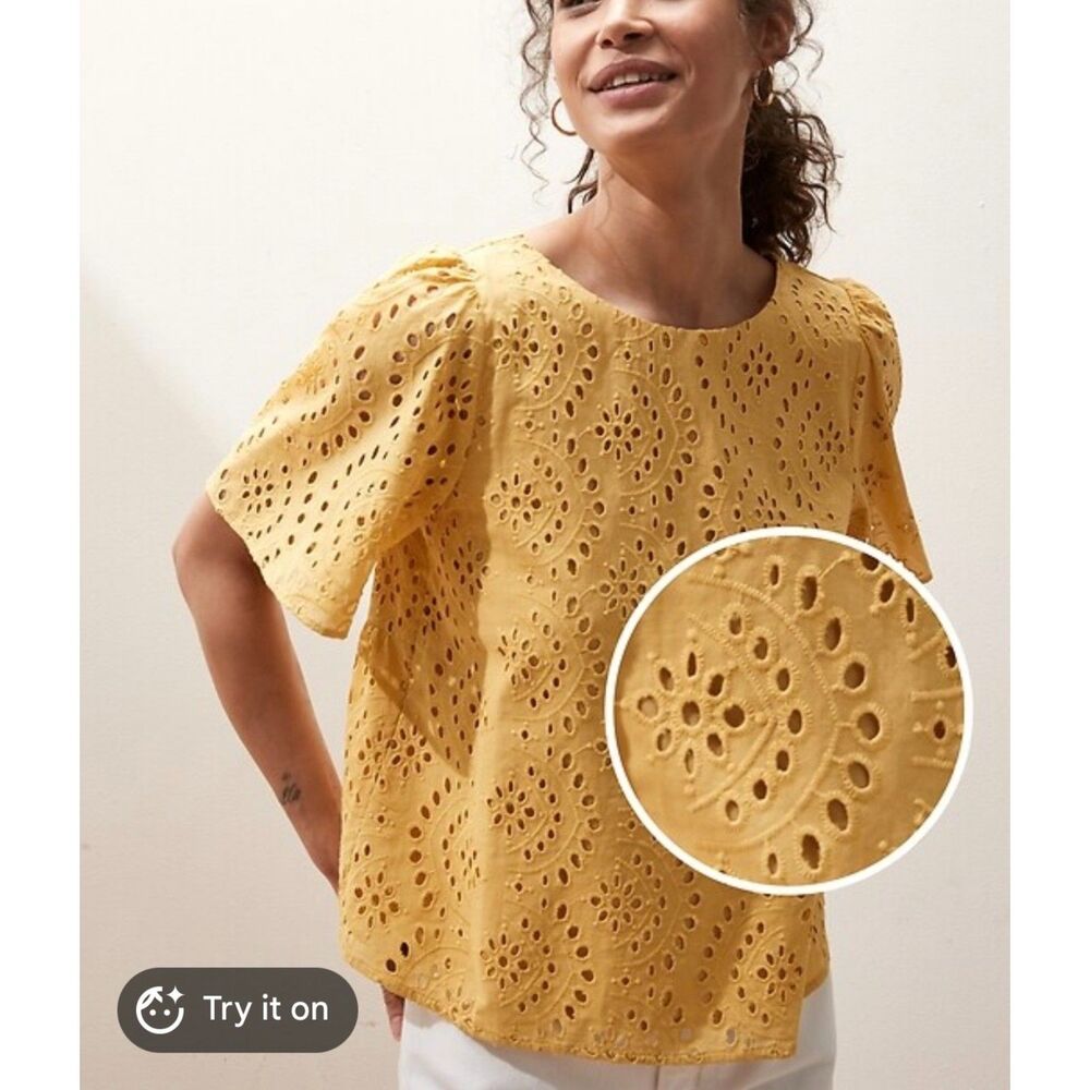 Banana Republic Open-Back Eyelet Blouse in Golden Yellow Size L Orig. $55